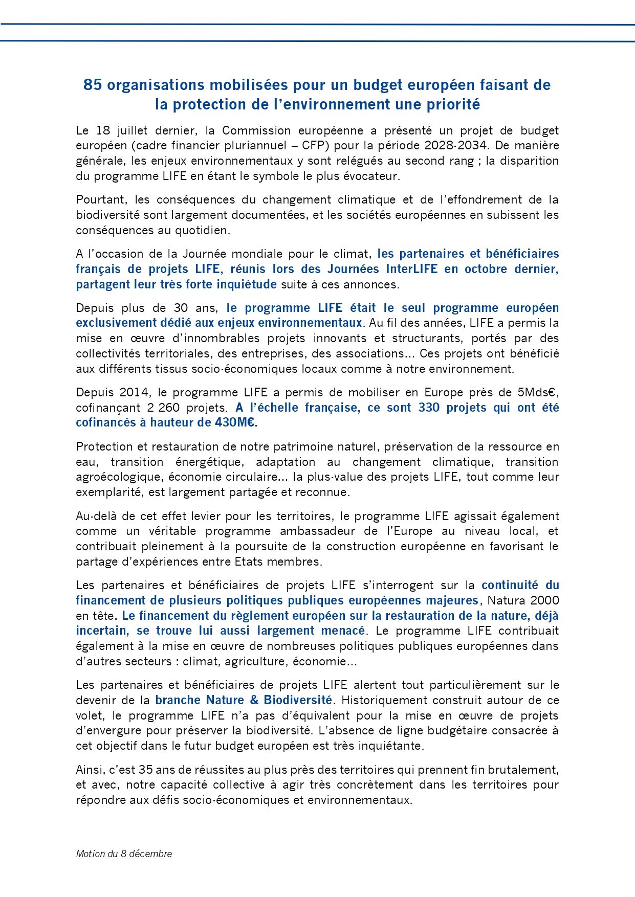85 organisations mobilisées pour un budget européen faisant de la protection de l’environnement une priorité